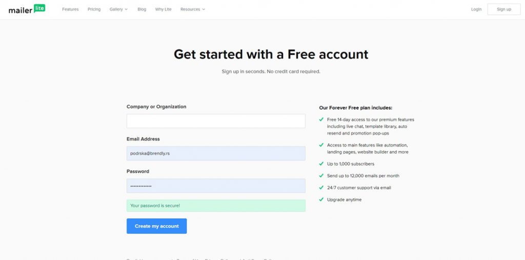 registrovanje na mailerlite - registrovanje na email procesor