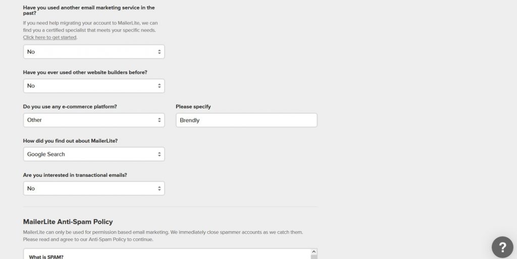 popunjavanje ostalih informacija mailerlite