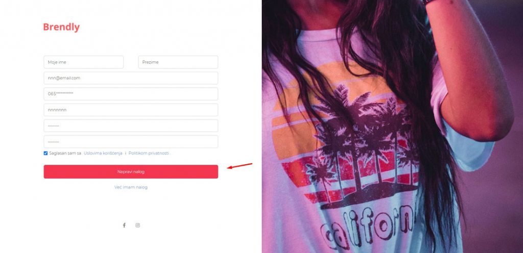 popunjavanje podataka pri registraciji na brendly