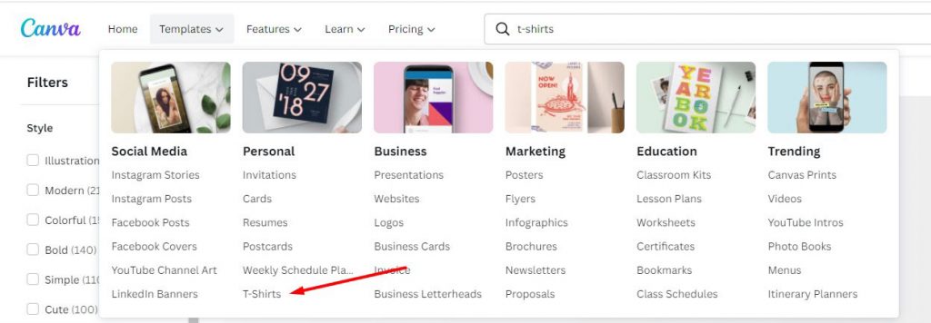odabir dizajna za majice u canva alatu